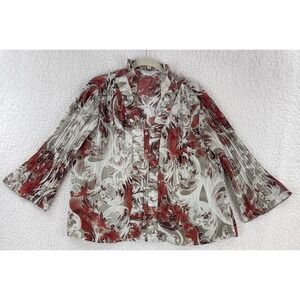 Christopher & Banks Gray Floral Plisse Button-Front Shirt‎ Womens Size Large
